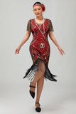 Lantejoulas Franjas Scoop Neck Preto Vermelho 1920s Vestido com 5 Peças Conjunto de Acessórios