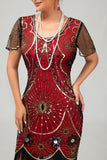 Lantejoulas Franjas Scoop Neck Preto Vermelho 1920s Vestido com 5 Peças Conjunto de Acessórios