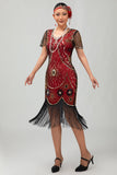 Lantejoulas Franjas Scoop Neck Preto Vermelho 1920s Vestido com 5 Peças Conjunto de Acessórios