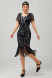 Frisado Preto Dourado Franja Bodycon 1920s Vestido
