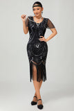 Frisado Preto Dourado Franja Bodycon 1920s Vestido