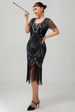 Frisado Preto Dourado Franja Bodycon 1920s Vestido