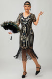 Preto Dourado Sequins Bodycon 1920s Vestido com 5-Piece Acessórios set