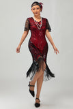 Preto Prata Sequin V Pescoço Bodycon 1920s Vestido com Tassels
