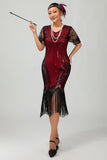 Preto Vermelho Franjas Sequins 1920s Vestido com Acessórios set