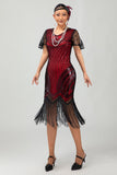 Sparkly preto vermelho bodycon franja vestido curto dos anos 1920 com franjas