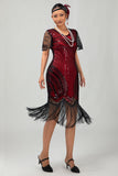 Sparkly preto vermelho bodycon franja vestido curto dos anos 1920 com franjas