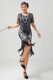 Preto Prata Sequin V Pescoço Bodycon 1920s Vestido com Tassels