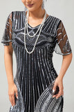Preto Prata Lantejoulas V Pescoço Fringe 1920s Vestido com 5-Piece Acessórios set