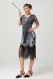 Preto Prata Lantejoulas V Pescoço Fringe 1920s Vestido com 5-Piece Acessórios set