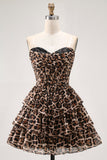 Brown Leopard A-Line Sweetheart Corset Tiered Ruffle Homecoming Vestido