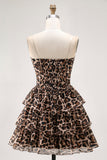 Brown Leopard A-Line Sweetheart Corset Tiered Ruffle Homecoming Vestido