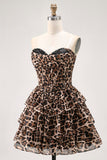 Brown Leopard A-Line Sweetheart Corset Tiered Ruffle Homecoming Vestido