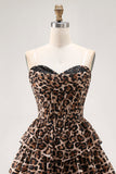 Brown Leopard A-Line Sweetheart Corset Tiered Ruffle Homecoming Vestido