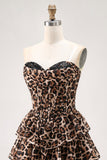 Brown Leopard A-Line Sweetheart Corset Tiered Ruffle Homecoming Vestido