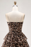 Brown Leopard A-Line Sweetheart Corset Tiered Ruffle Homecoming Vestido