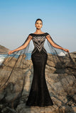 Sparkly Sequin Cabo Manga Preto Sereia Vestido de Noite