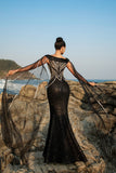 Sparkly Sequin Cabo Manga Preto Sereia Vestido de Noite