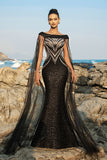 Sparkly Sequin Cabo Manga Preto Sereia Vestido de Noite