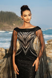 Sparkly Sequin Cabo Manga Preto Sereia Vestido de Noite