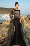Sparkly Sequin Cabo Manga Preto Sereia Vestido de Noite