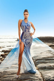 Sereia Azul Sereia Halter Vestido de Noite com Fenda