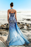 Sereia Azul Sereia Halter Vestido de Noite com Fenda