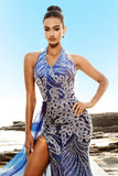Sereia Azul Sereia Halter Vestido de Noite com Fenda