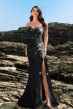 Sparkly Strapless Sereia Preto Vestido de Noite de Lantejoulas
