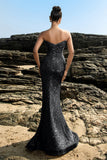 Sparkly Strapless Sereia Preto Vestido de Noite de Lantejoulas