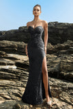 Sparkly Strapless Sereia Preto Vestido de Noite de Lantejoulas