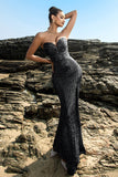 Sparkly Strapless Sereia Preto Vestido de Noite de Lantejoulas
