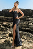 Sparkly Strapless Sereia Preto Vestido de Noite de Lantejoulas