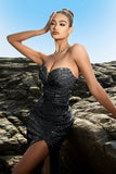 Sparkly Strapless Sereia Preto Vestido de Noite de Lantejoulas