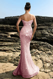 Sparkly Strapless Sereia Preto Vestido de Noite de Lantejoulas