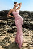 Sparkly Strapless Sereia Preto Vestido de Noite de Lantejoulas