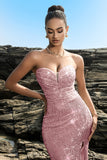 Sparkly Strapless Sereia Preto Vestido de Noite de Lantejoulas