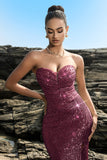 Sparkly Strapless Sereia Preto Vestido de Noite de Lantejoulas