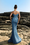 Sparkly Strapless Sereia Preto Vestido de Noite de Lantejoulas