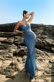 Sparkly Strapless Sereia Preto Vestido de Noite de Lantejoulas