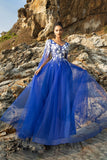 Royal Blue A Line Appliqued Tulle Vestido de Noite