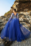 Royal Blue A Line Appliqued Tulle Vestido de Noite
