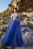 Royal Blue A Line Appliqued Tulle Vestido de Noite