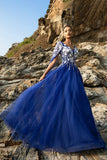 Royal Blue A Line Appliqued Tulle Vestido de Noite