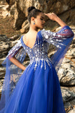 Royal Blue A Line Appliqued Tulle Vestido de Noite