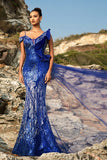 Sparkly Royal Blue Sereia Vestido de Noite com Streamer