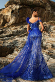 Sparkly Royal Blue Sereia Vestido de Noite com Streamer