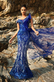 Sparkly Royal Blue Sereia Vestido de Noite com Streamer