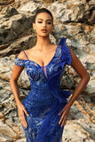 Sparkly Royal Blue Sereia Vestido de Noite com Streamer