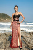 Strapless Borgonha Sereia Vestido de Noite com Fenda